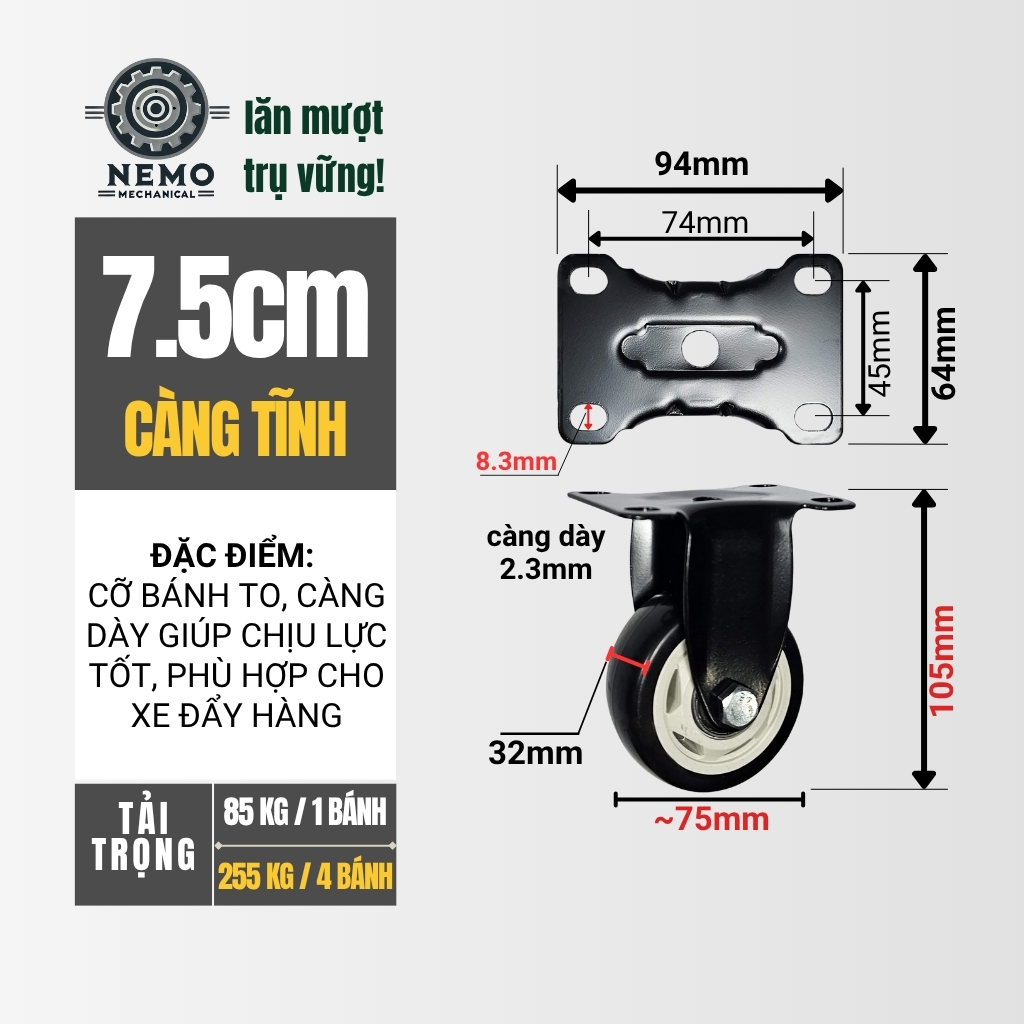 Bánh xe đẩy hàng đen trắng, mặt bích, có bạc đạn, đk bánh 4cm và 5cm, tải trọng 40-50kg/1bánh